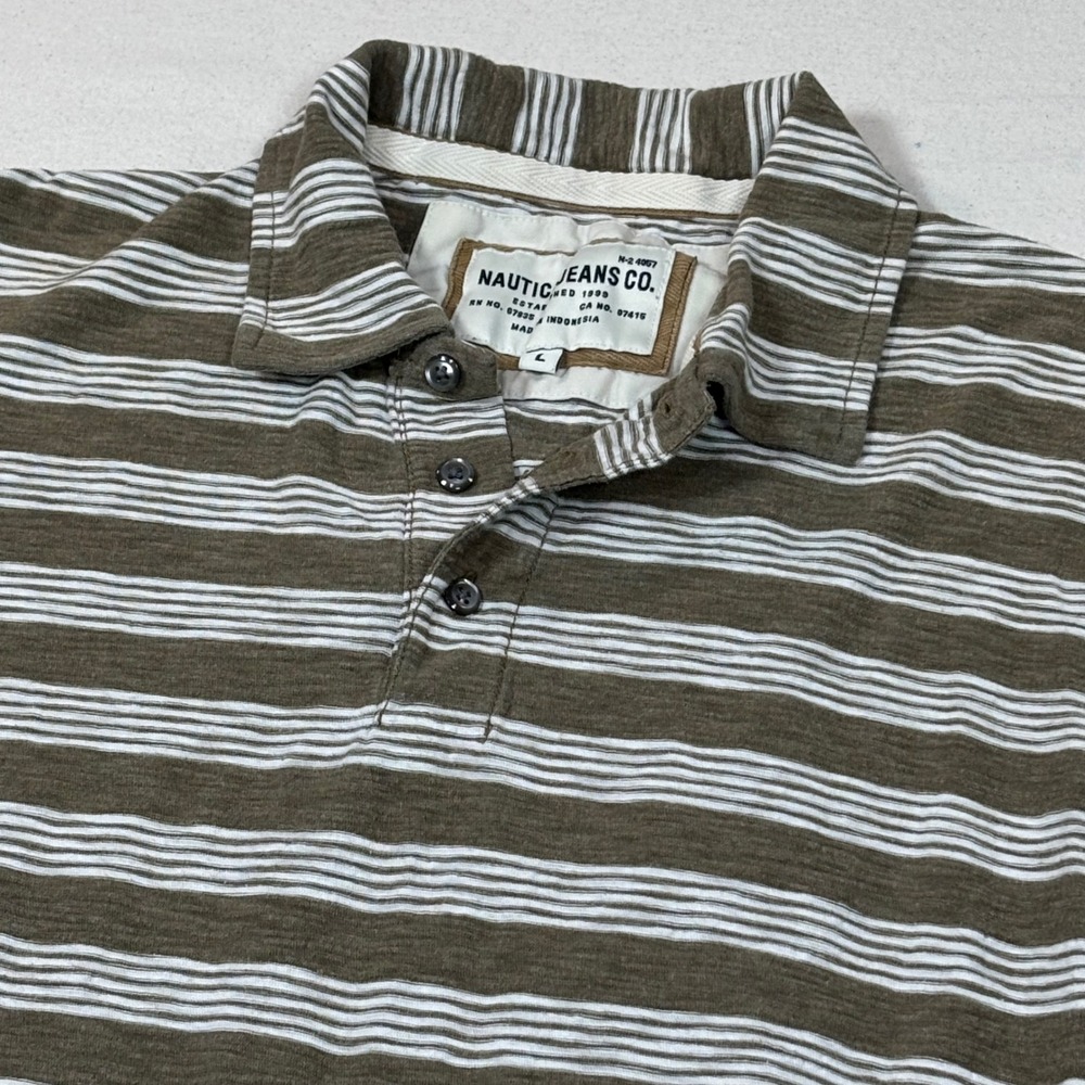 Nautica Jeans Co Mens Polo Shirt Olive Green White Striped Cotton Short Sleeve L